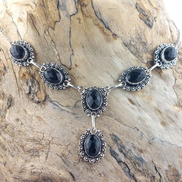 Unbranded Jewelry - Faceted Black Glass .925 Layered Stainless Steel Necklace Earring Set